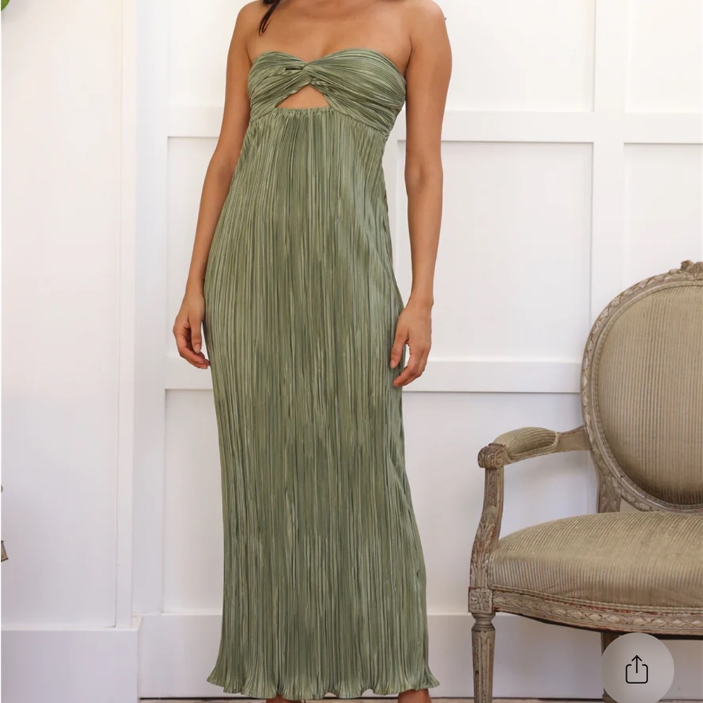 Hello Molly Wearing This Tonight Plisse Strapless Olive Dress